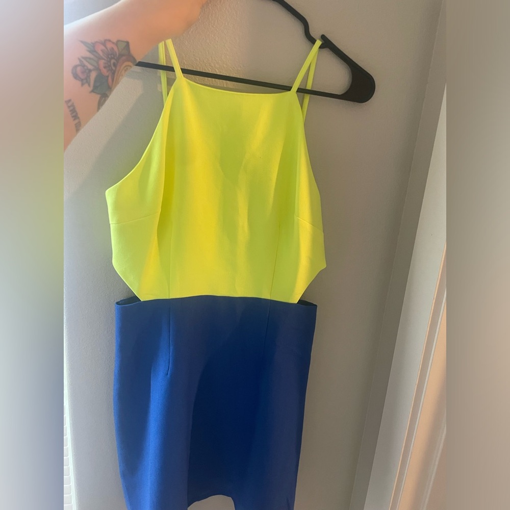 Neon yellow and cobalt blue dress